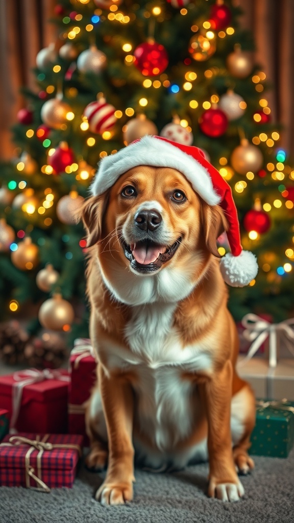 A festive dog in a Santa hat with a Christmas tree and presents in the background.